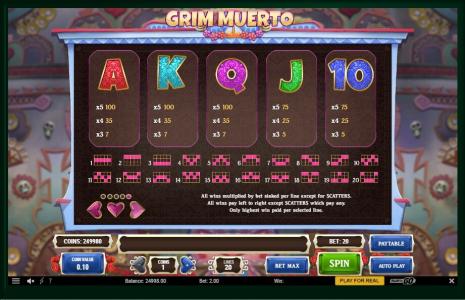 Grim Muerto Slot Machine Paytable and Paylines Screen