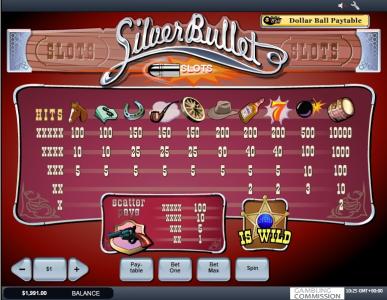 Silver Bullet Slot Machine Paytable Screen
