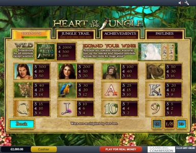 Heart of the Jungle Slot Machine Paytable Screen