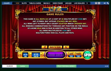 Si Ling Slot Machine Game Rules Screen