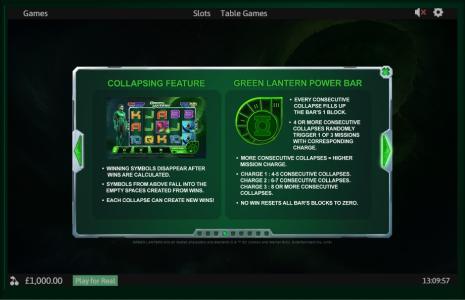 Green Lantern Slot Machine Collapsing Feature and Green Lantern Power Bar Screen