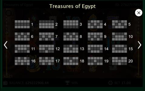 Treasures of Egypt Slot Machine Paylines Screen