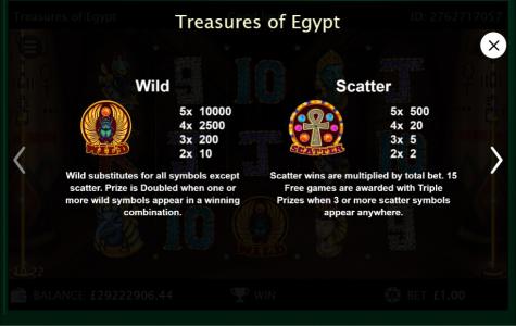 Treasures of Egypt Slot Machine Scatter Awards and Wild Symbol Screen