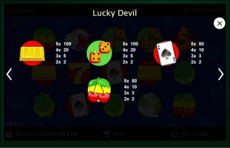 Lucky Devil Slot Machine Paytable Screen