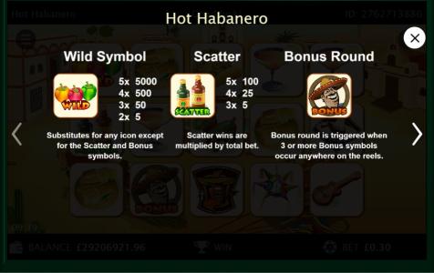 Hot Habanero Slot Machine Scatter Awards and Wild Symbol Screen