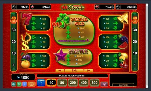 40 Mega Clover Slot Machine Paytable Screen