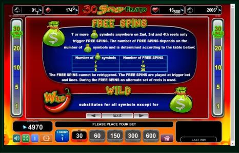 30 Spicy Fruits Slot Machine Free Spins Bonus Screen