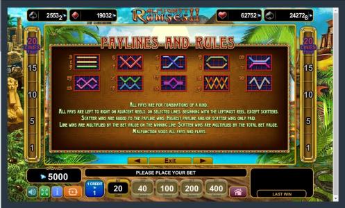 Almighty Ramses II Slot Machine Paylines Screen