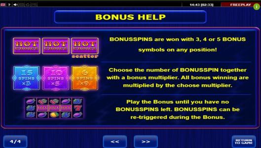 Hot Choice Slot Machine Bonus Spins Help Screen