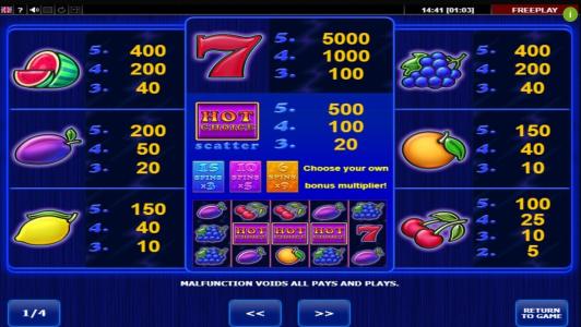Hot Choice Slot Machine Paytable Screen
