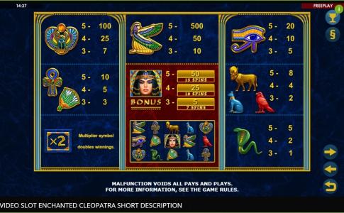 Enchanted Cleopatra Slot Machine Paytable Screen