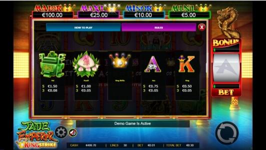 Jade Emperor Slot Machine Paytable Screen