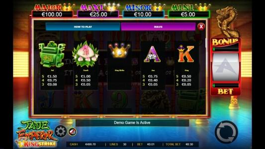 Jade Emperor Slot Machine Paytable Screen