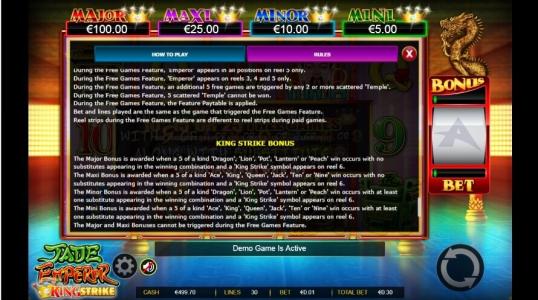 Jade Emperor Slot Machine King Strike Bonus Rules Screen