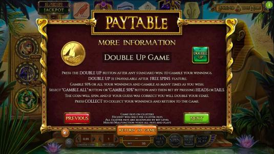 Legend of the Nile Slot Machine Paytable and Paylines Screen
