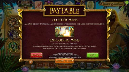 Legend of the Nile Slot Machine Paytable Screen
