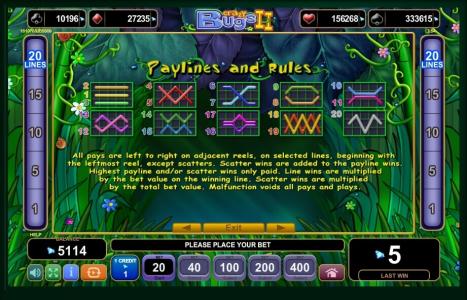 Crazy Bugs II Slot Machine Paylines Screen