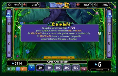 Crazy Bugs II Slot Machine Gamble Feature Screen