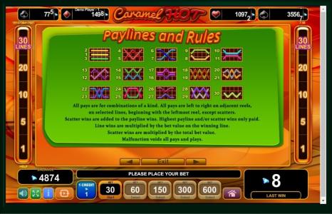 Caramel Hot Slot Machine Paylines Screen