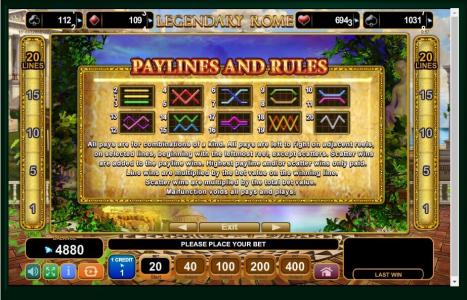 Legendary Rome Slot Machine Paylines Screen
