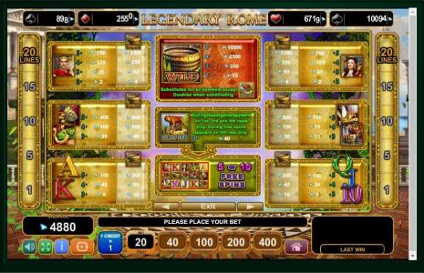 Legendary Rome Slot Machine Paytable Screen
