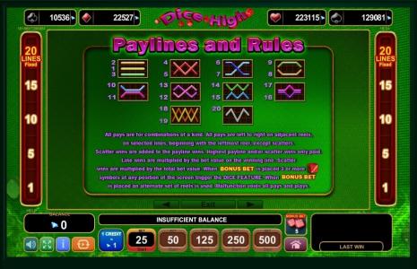 Dice High Slot Machine Paylines Screen