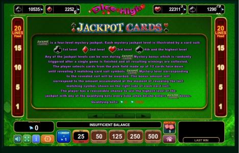 Dice High Slot Machine Jackpot Cards Screen