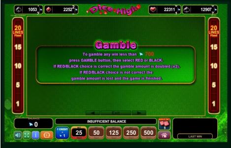 Dice High Slot Machine Gamble Feature Screen