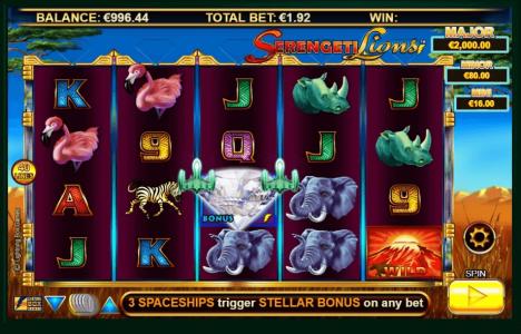 Stellar Jackpots with Serengeti Lions Slot Machine Bonus and Payline Symbols Screen