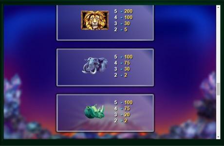 Stellar Jackpots with Serengeti Lions Slot Machine Paytable Screen