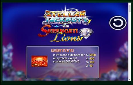 Stellar Jackpots with Serengeti Lions Slot Machine Paytable Screen