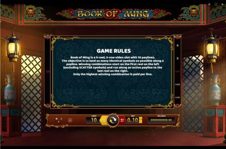 Book of Ming Slot Machine Game Rules Screen