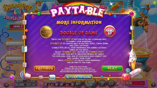 SugarPop 2: Double Dipped Slot Machine Paytable and Double Up Game Screen