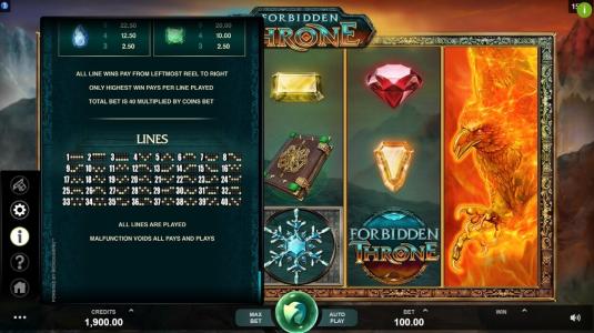 Forbidden Throne Slot Machine Paylines Screen