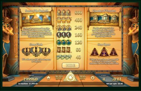 Golden Pyramid Slot Machine Paytable Screen