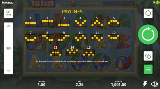 15 Golden Eggs Slot Machine Paylines Screen