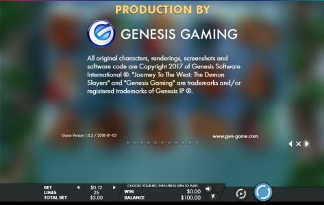 Journey to the West Slot Machine Production and Copyright Information Screen