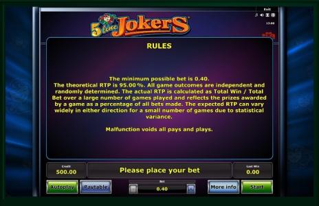 5 Line Jokers Slot Machine Game Rules Screen