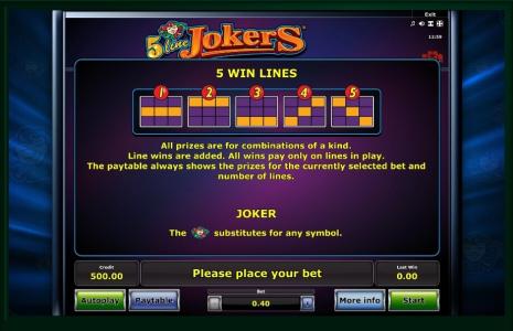 5 Line Jokers Slot Machine Paylines Screen