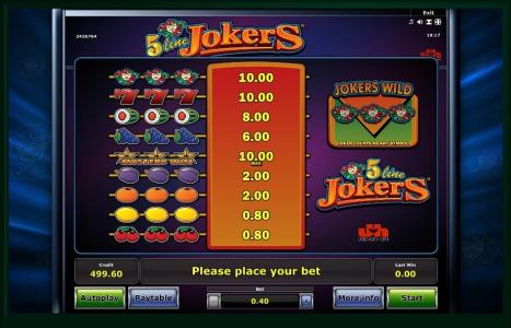 5 Line Jokers Slot Machine Paytable Screen