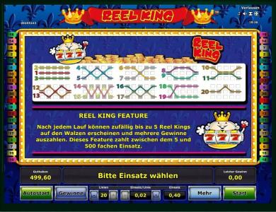 4 Reel King Slot Machine Paylines Screen