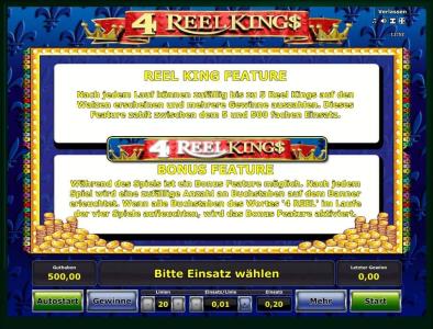 4 Reel King Slot Machine Bonus Feature Screen
