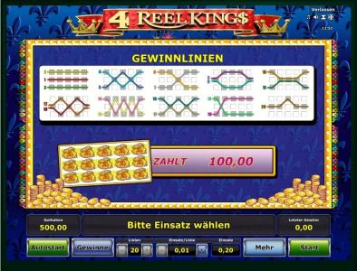 4 Reel King Slot Machine Paylines Screen