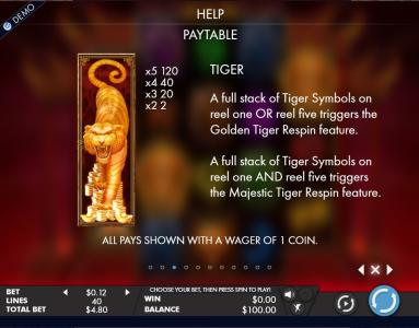 Tiger Temple Slot Machine Paytable Screen