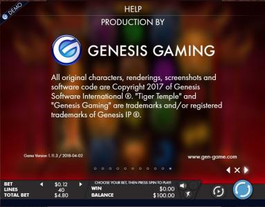 Tiger Temple Slot Machine Production and Copyright Information Screen