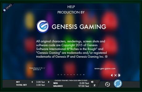 Riches in the rough Slot Machine Production and Copyright Information Screen