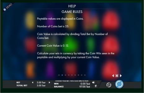 Riches in the rough Slot Machine Game Rules Screen