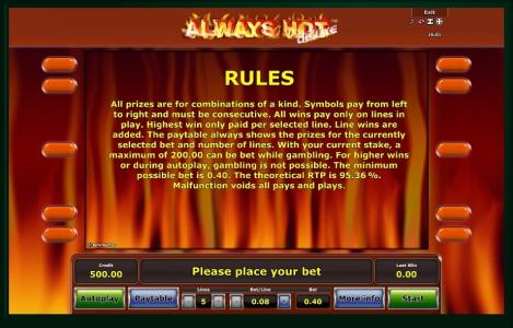 Always Hot deluxeSlot Machine Game Rules Screen