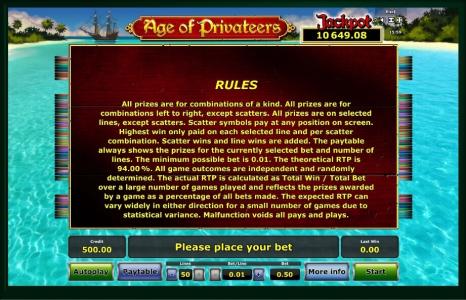 Age of Privateers Slot Machine Game Rules Screen