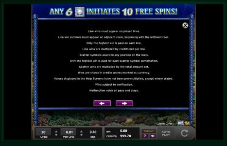 Majestic Sea Slot Machine Game Rules Screen